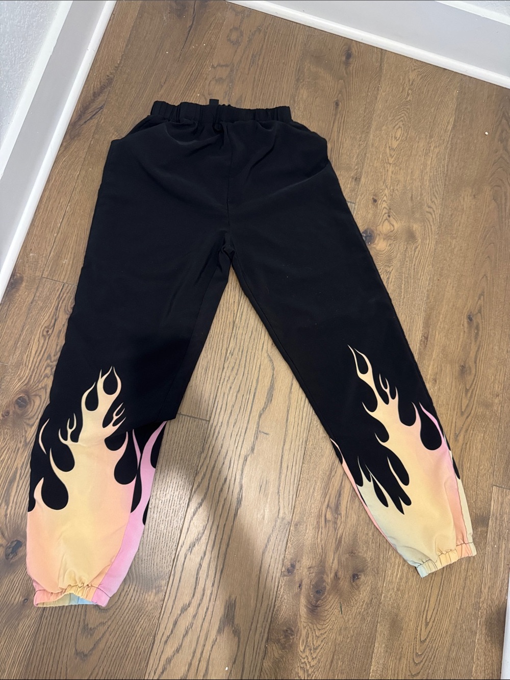 Black Joggers with Pink to Yellow Flame Print